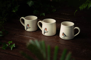 3 Robin mugs with one facing different way to display different image