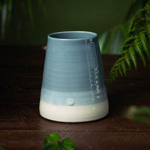 blue and white vase in centre of image with dark background and ferns 
