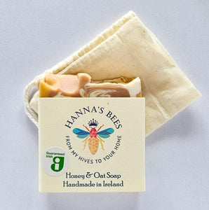 Image of ecofriendly made in Ireland Honey and Oat soap made by Hannas bees on white background