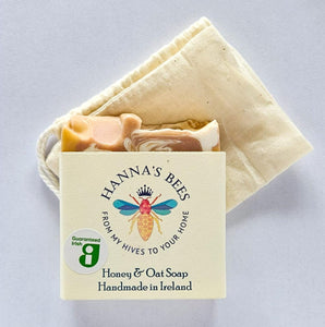 Image of Honey and Oat soap made by Hannas bees on white background