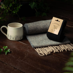 Tree mug and herringbone scarf and socks