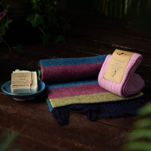 Lambswool Stripe Scarf, Cashmere Socks, Lavendar Soap and Blue Holder