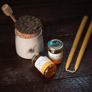 Irish Honeybee Pottery Honey Pot, Wildflower Honey and Bees Wax Table Candles