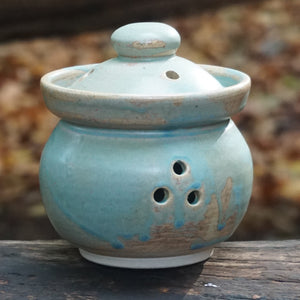 Garlic Keeper pot for kitchen sitting on bench with lid on