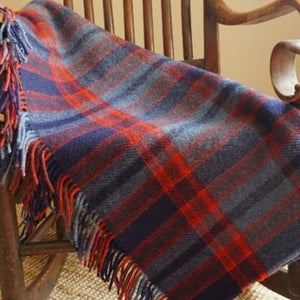 Image of Navy and Red Knee blanket on wooden chair