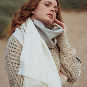Image of model wearing grey and silver scarf